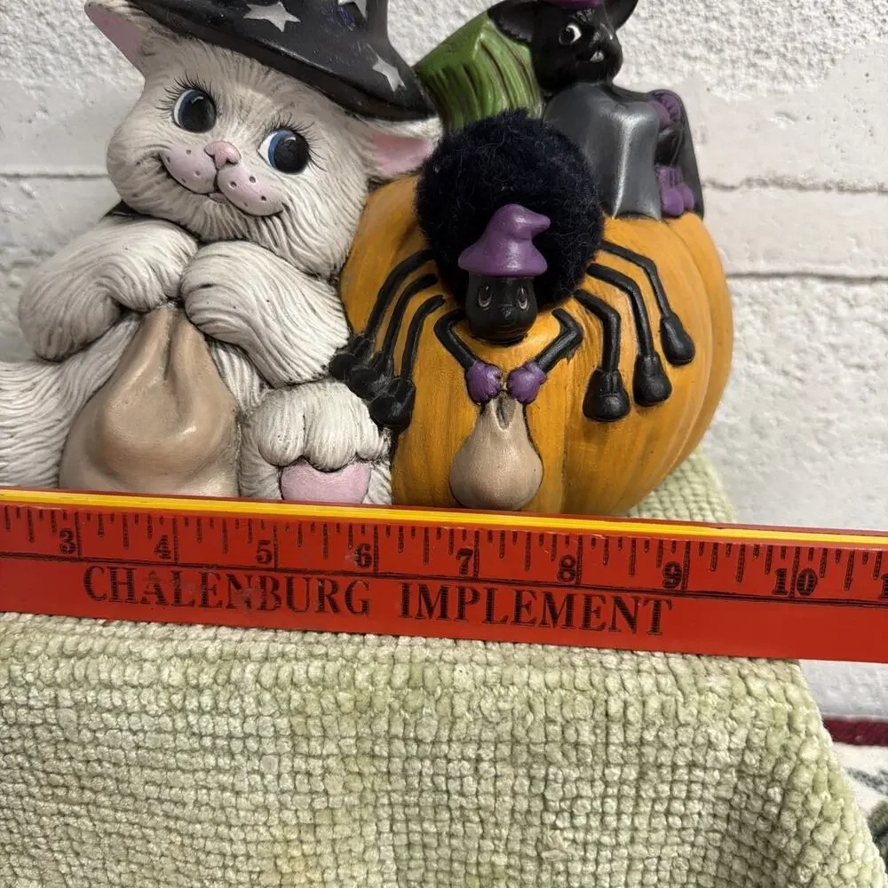 Vtg Signed Ceramic Cat Pumpkin Decor w/ Witch Hat Spider Bat Hand Painted